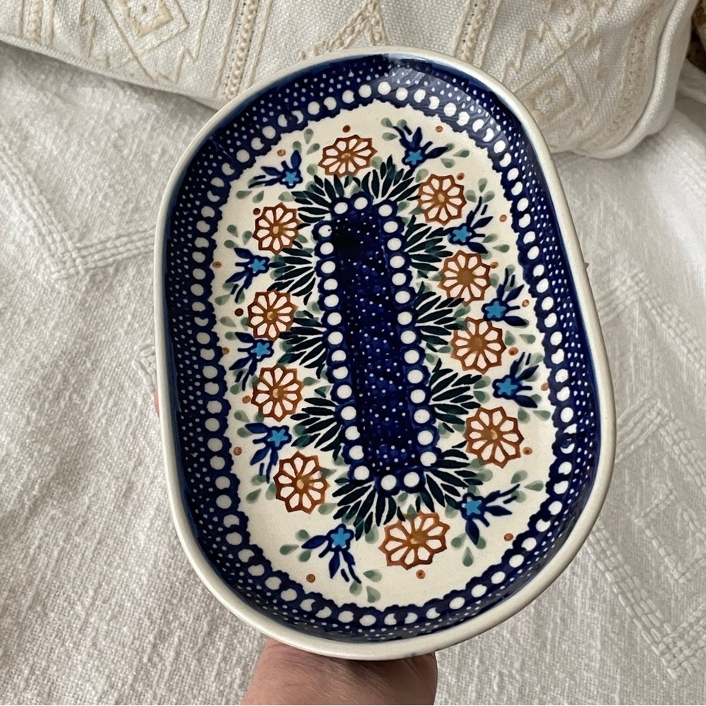 Polish Pottery Oval Serving Dish Flowers & Leaves - Picture 1 of 11